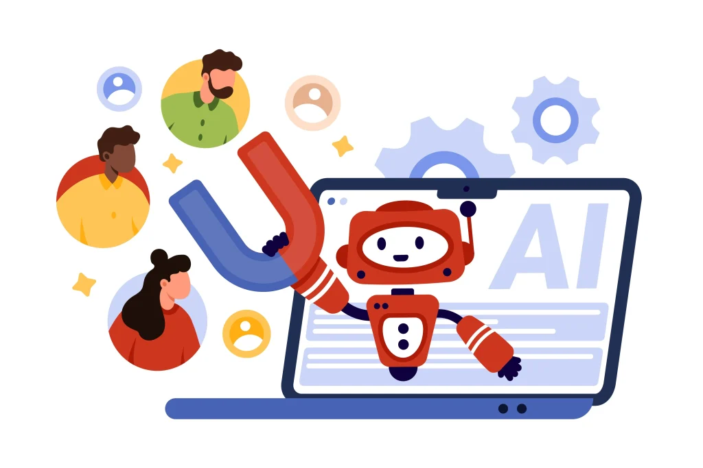 Ein Roboter taucht auf einem Laptop-Bildschirm auf und hält ein Magneten in der Nähe von Personen. Um ihn herum sind bunte Blasen mit Kundenköpfen, die er anzieht.