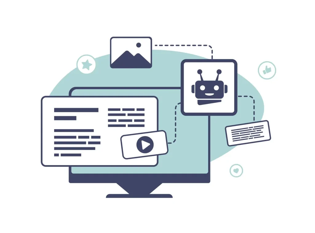 Abbildung eines Computermonitors, auf dem verschiedene Inhaltstypen angezeigt werden, darunter Text, Bilder, ein Videosymbol und ein Chatbot, wodurch vielfältige digitale Interaktionen hervorgehoben werden.
