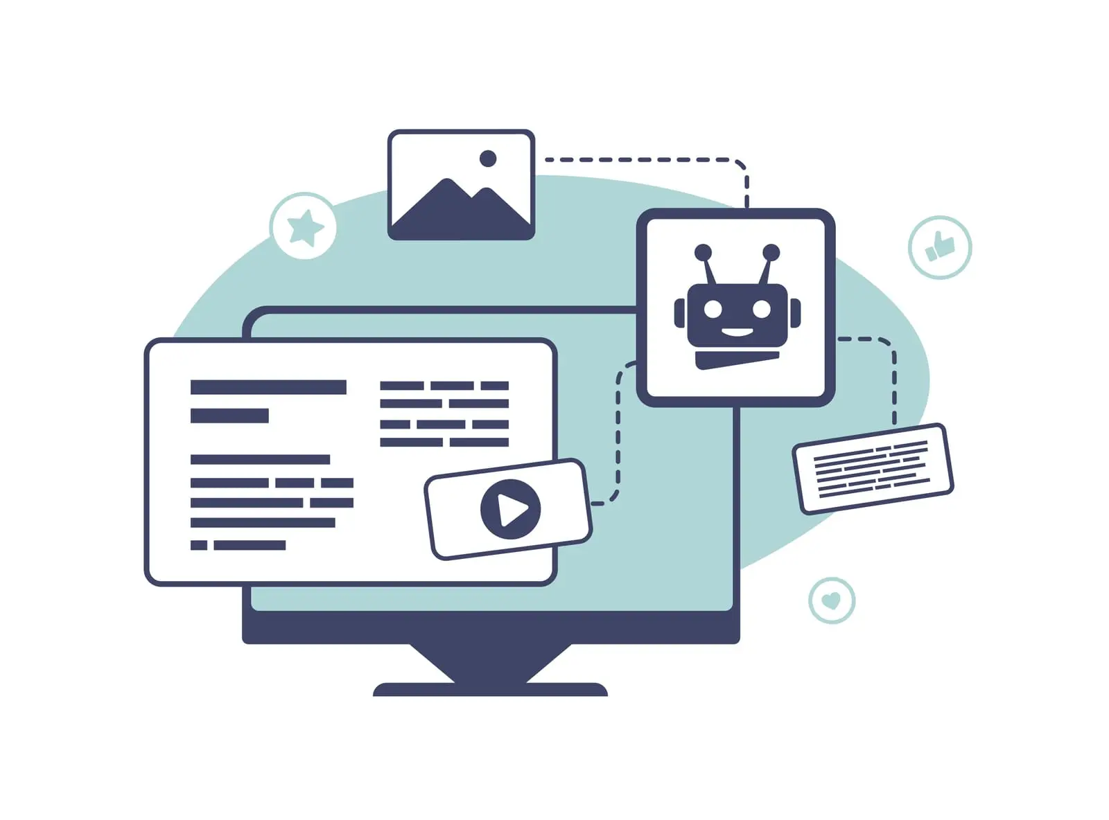 Abbildung eines Computermonitors, auf dem verschiedene Inhaltstypen angezeigt werden, darunter Text, Bilder, ein Videosymbol und ein Chatbot, wodurch vielfältige digitale Interaktionen hervorgehoben werden.