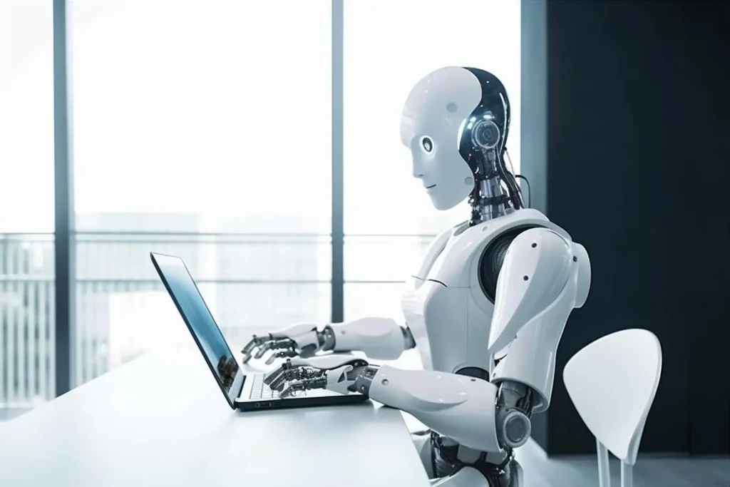 Ein humanoider Roboter sitzt an einem Schreibtisch und bedient einen Laptop. Im Hintergrund sind große Fenster mit Blick auf die Stadt zu sehen.