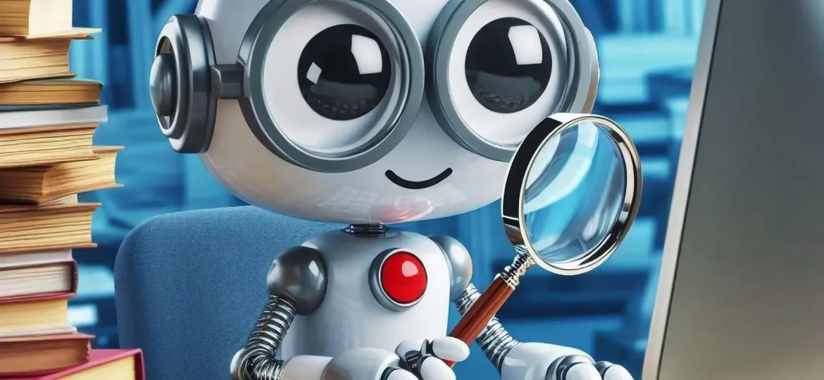 Ein niedlicher Roboter mit großer Brille und einer Lupe sitzt an einem Computertisch, umgeben von Bücherstapeln in einer Bibliothek.