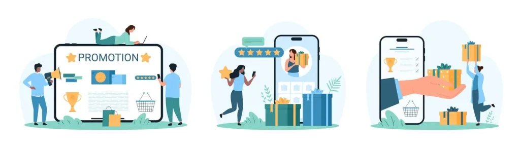 Illustration von drei Szenen, die Personen zeigen, die mit Werbeaktionen auf digitalen Geräten interagieren, mit Sternen, Geschenkboxen und Trophäen.