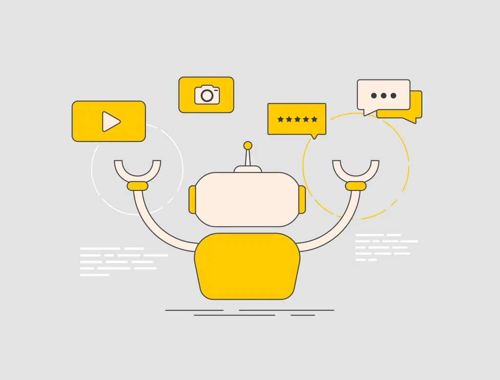 Abbildung eines Roboters mit erhobenen Armen, umgeben von Symbolen: einer Wiedergabetaste, einer Kamera, einer Sternebewertung und einer Chat-Blase, die Multimedia und Kommunikation symbolisieren.