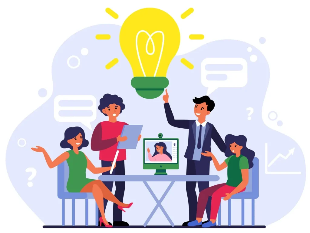 Abbildung von vier Personen in einem Meeting mit einem Videoanrufteilnehmer. Darüber ist eine große Glühbirne zu sehen, die Ideen oder Brainstorming symbolisiert.