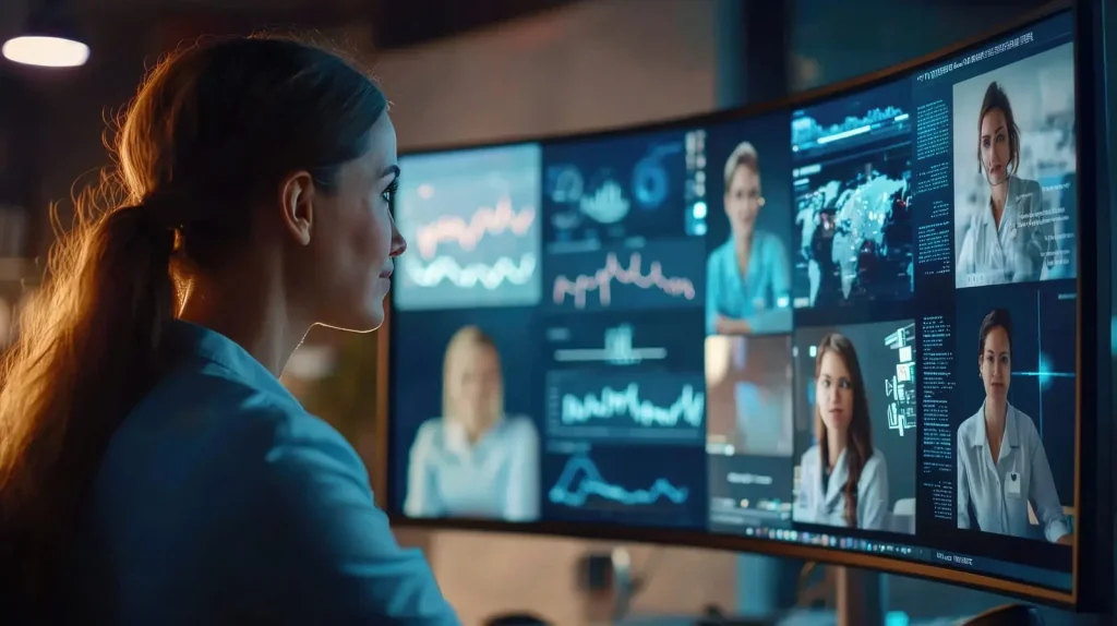 Eine Frau sitzt an einem Schreibtisch und schaut auf mehrere Computerbildschirme, auf denen Grafiken, Diagramme und Bilder aus Videoanrufen angezeigt werden.