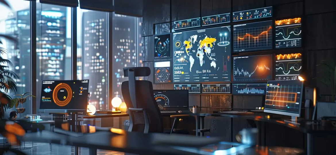 Ein modernes Büro mit mehreren Bildschirmen, auf denen vor der Kulisse einer Stadtlandschaft Datenvisualisierungen, Weltkarten und Diagramme angezeigt werden.