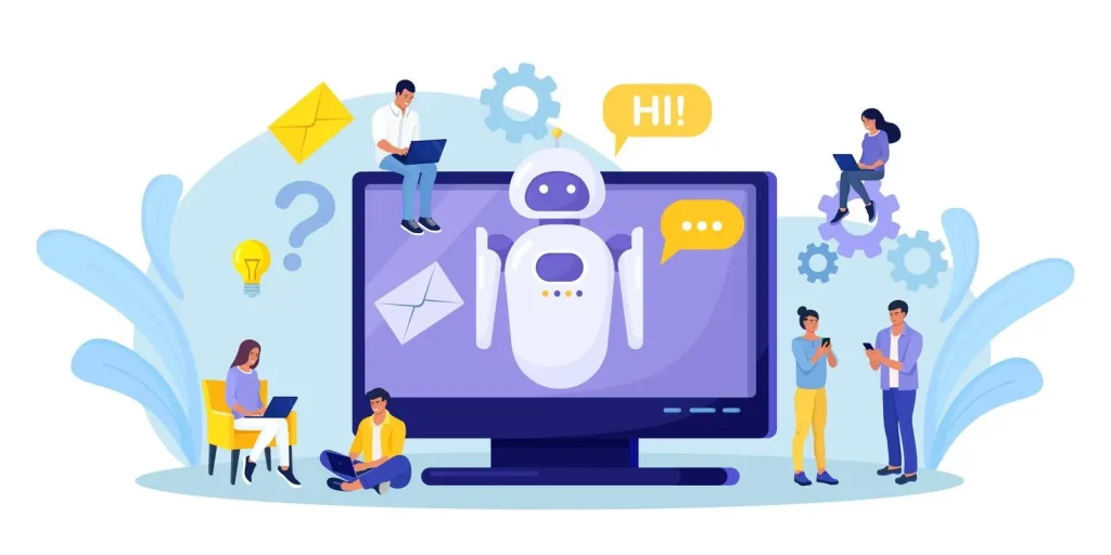Illustration von Menschen, die mit einem großen Computerbildschirm interagieren, auf dem ein freundlicher Roboter und Chatblasen angezeigt werden, umgeben von Symbolen wie Zahnrädern und Umschlägen.