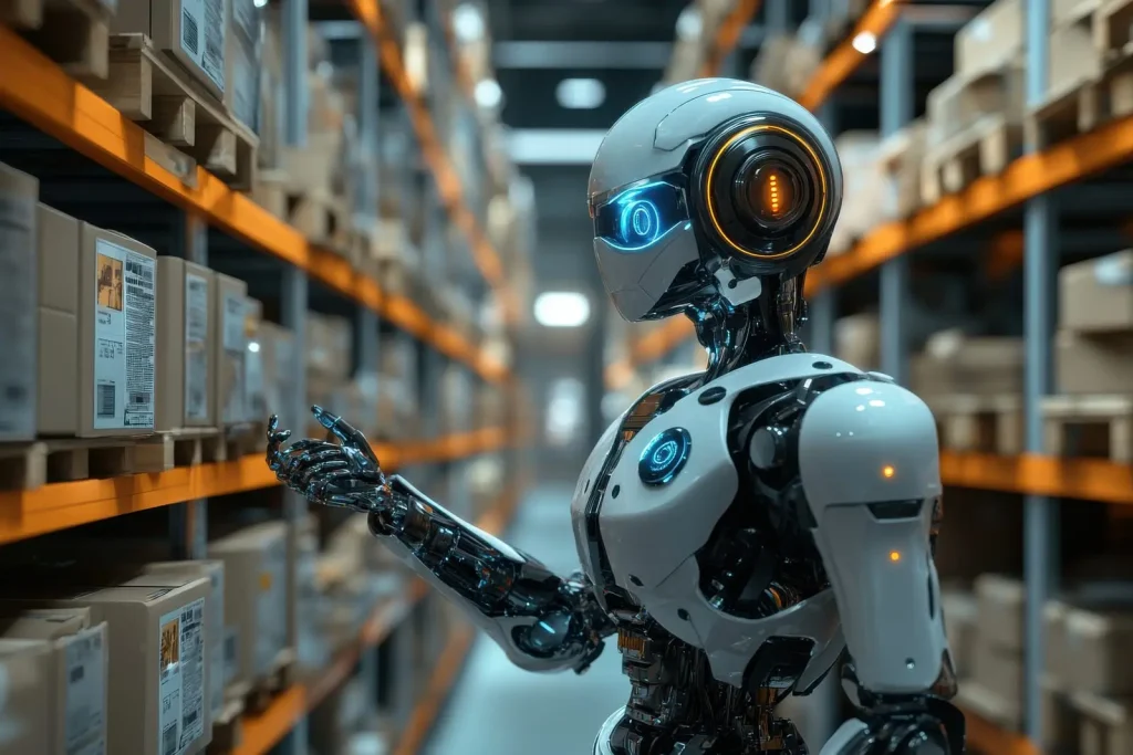 Ein humanoider Roboter mit leuchtend blauen Augen ordnet Kisten in Regalen in einem Lagerhaus.