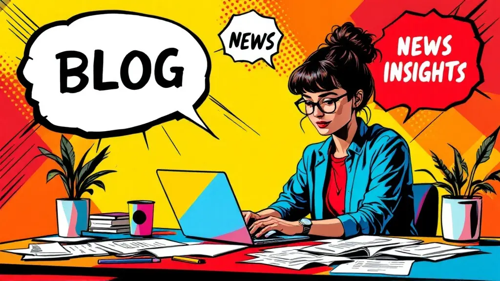 Ein Bild im Comic-Stil - eine junge Frau sitzt an ihrem Schreibtisch und arbeitet an Ihrem Laptop