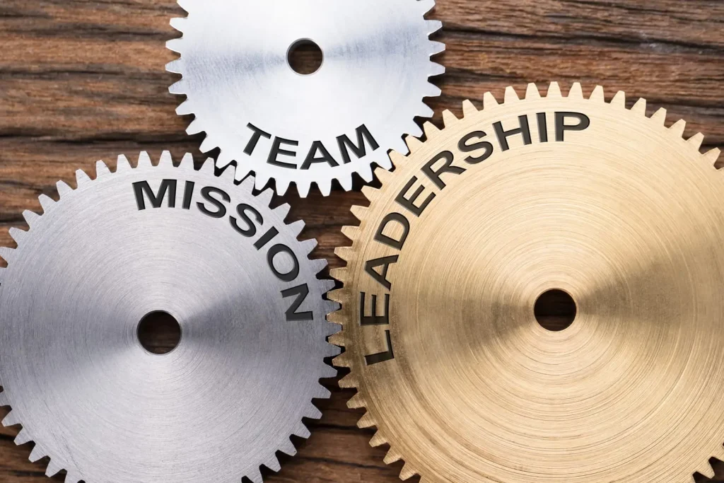 Drei Metallzahnräder mit den Aufschriften TEAM", MISSION" und LEADERSHIP" greifen auf einer Holzoberfläche ineinander und symbolisieren miteinander verbundene Organisationskonzepte.