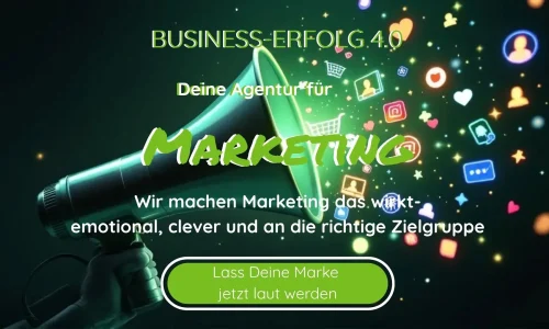 Bild für den Hero-Bereich Marketing - Eine Hand hält im Hintergrund ein Megafon zeigt mehrere Symbole für Marketing