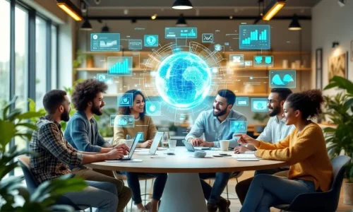 Eine Gruppe verschiedener Personen sitzt in einem Büro an einem Tisch und arbeitet mit Laptops zusammen, während über dem Tisch digitale Datengrafiken und ein leuchtender Globus angezeigt werden.
