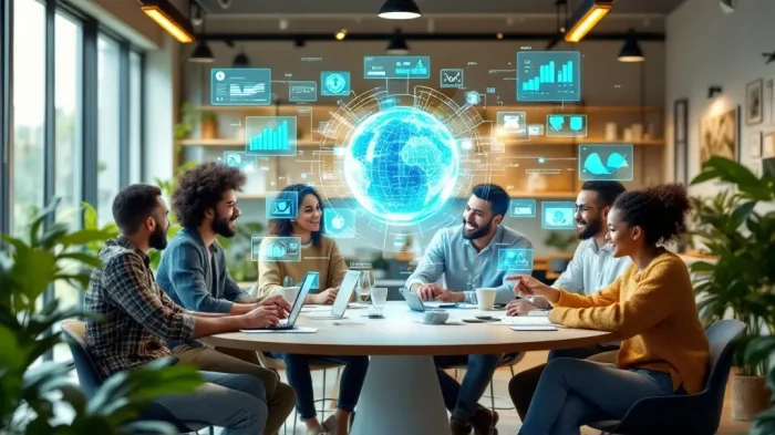 Eine Gruppe verschiedener Personen sitzt in einem Büro an einem Tisch und arbeitet mit Laptops zusammen, während über dem Tisch digitale Datengrafiken und ein leuchtender Globus angezeigt werden.
